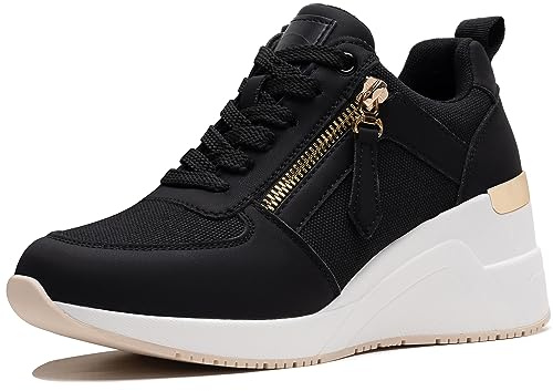 Viscozzy High Heel Wedge Sneakers for Women Dressy Platform Hidden Wedge Tennis Shoes Lightweight Fashion Heeled Sneakers Lace Up Women W139-SZW36-BLACK-6