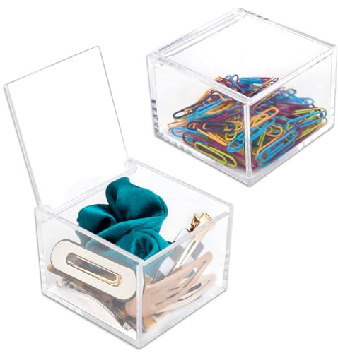 Deoot 2 Pack Small Clear Acrylic Organizer with Lid for Paper Clips,Sticky Note,Qtip,Cotton Balls,Hair Ties Holder Acrylic Box for Home office Bathroom Desk Organizer