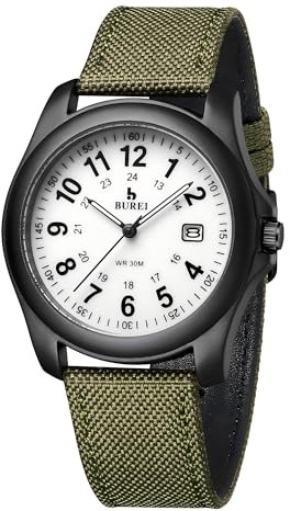 BUREI Herrenuhr, Uhr im Militärstil mit Datumsanzeige, wasserdicht, Outdoor-Sport, Geschenk für Herren (Weiß und grün, Nylon)