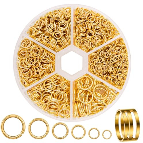 JOLCEEY 1550pcs Jump Rings Kit, Gold Open Jump Rings with Opener Tool for Jewelry Making DIY Bracelet Earring Necklace Charms Repair (4mm 5mm 6mm 7mm 8mm 10mm)
