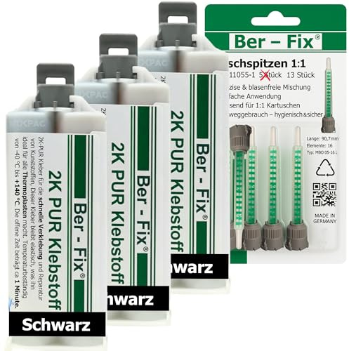 Ber-Fix Stoßstange Reparatur 2K PUR 60Sek. SCHWARZER Kunststoffkleber 2K Kleber Kunststoff-Reparatur 3x 50g Kartusche 1:1 + 10 Spitzen