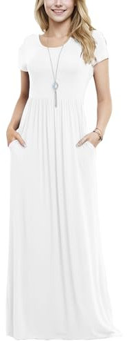 Anelune Dresses for Women's Short Sleeve Loose Plain Maxi Dresses Casual Long Dresses with Pockets(White-2XL)