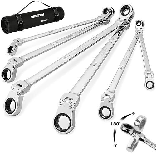 Extra Long Flex-Head Ratcheting Wrench Set, Anti-Slip 6-Piece Double Box End Wrench Set, 72-Teeth, Metric 8-19mm, CR-V Steel Wrench with Rolling Pouch