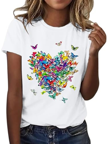 T Shirt Femme Coton Blanc T Shirts Pas Cher T-Shirt À Manches Courtes Col Rond Tee Shirt Chic Coton T-Shirts Imprimé Top Tunique Ete Grande Taille T Shirt avec Motif Papillons Blouse Hauts