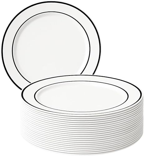 MATANA 50 Premium White Plastic Dinner Plates with Black Rim, 26cm / 10 Inch - Elegant & Reusable Party Plates for Weddings, Birthdays, Picnic, BBQ, Parties