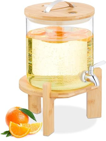 Relaxdays Getränkespender, 5 Liter, Kalt- & Heißgetränke, Bambus-Ständer, Thermometer, Bowle-Gefäß, transparent/Natur