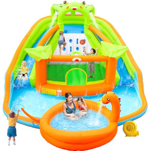 WELLFUNTIME Inflatable Water Double Slides Park with Blower, Bouncy Castle with Water Cannon, Dino Pool, Frog Castle, Climbing Wall, Basketball Hoop, Backyard Water Park for Kids