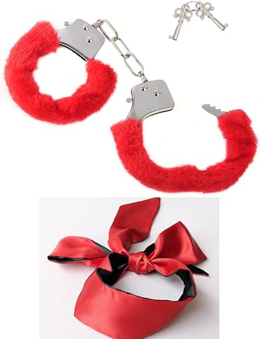 Metal Handcuffs with Keys for Cosplay Police, silver Handcuffs Prop Dress Ball Party Cosplay for partner (red+Blindfold, L)