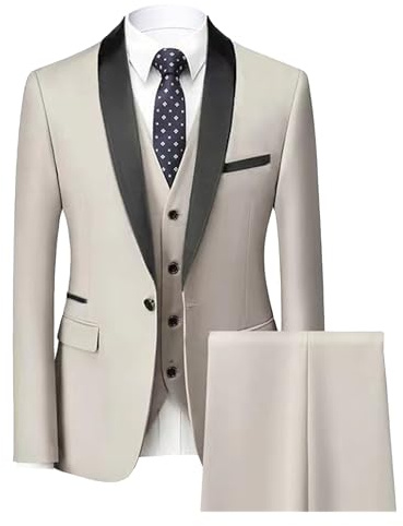 3 Pièces Slim Fit Costume pour Homme Veste à Boutonnage Simple Blazer Vest Pants Set Costumes de Smoking à Revers Châle de Bal de Mariage (Blanc B2,6TG)