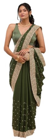 Yashika Vichitra Sari en Soie avec Bordure Brodée et Blouse Non Cousue | Sari Bollywood | Nouveau Sari | Sari | Sari | Sari | Sari | Sari Design (AZ-YS-OG-LADYQUEEN-Parent), Vert, taille unique