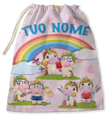 csm informatica Set Asilo personalizzato con nome a scelta bavaglini asilo con elastico con nome, sacca o asciugamano tema unicorno rosa arcobaleno e cuore