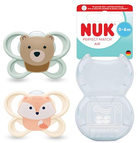 NUK Perfect Match Air Nappflaskor för spädbarn | 0-6 månader | Ortodontiska nappar som främjar luftflöde och förhindrar dregelutslag | 95% acceptans hos barn** | Björn & Räv | 2 stycken