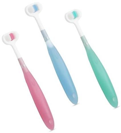 KOSLEOW Cepillo de Dientes Infantil 3 Lados para Niños de 1 a 10 Años, 3 Cabezales con Cerdas Suaves, Mango de Silicona con Limpiador de Lengua, Sin BPA, Pack de 3 (Azul, Verde, Rosa) ﻿