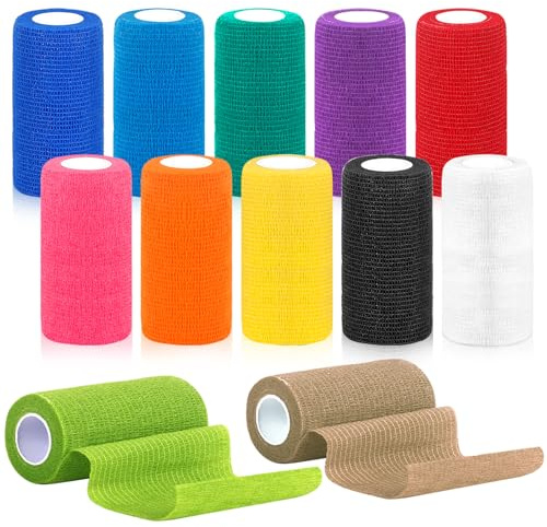 CIOXSOIO 12 Rotoli Benda Elastica Autoadesiva, 10cm x 4,5m Benda Elastica Coesiva, Non Tessuto Bendaggio Adesiva Coesiva Nastro Bendaggio Sportivo, Benda Salvapelle Fasciature per Mani Piedi Ginocchia