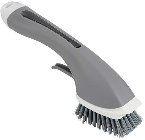 Spazzola per pulire pentole con dispenser di sapone Manico lungo Design ergonomico per strofinare pentole Padelle Piatti Lavello Angoli della Spazzola in nylon PP 11,4 pollici (Grigio)