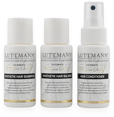 LUTTMANN Kit de viaje para cabello sintético, champú, bálsamo y acondicionador de 50 ml, cuidado para cabello sintético, cuidado especial para pelucas y postizos, ideal para viajes