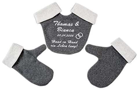 Goldi-Design Partnerhandschuhe für Brautpaare personalisiert mit Namen und Hochtzeitsdatum aus Doppelfacefleece - grau/weiß