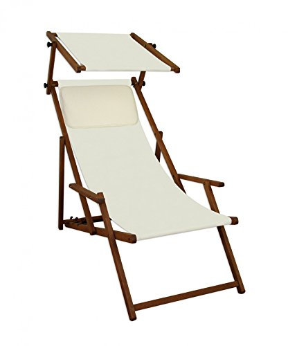 Sonnenliege weiß Liegestuhl Sonnendach Kissen Gartenliege Deckchair Holz Gartenmöbel 10-303SKH