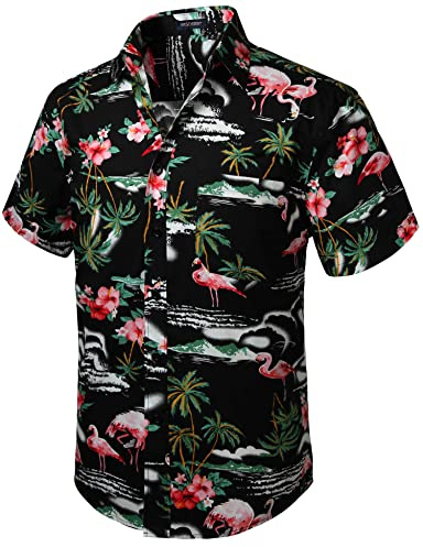 HISDERN Men Funky Hawaiian Flamingo Shirts Short Sleeve Front Pocket Holiday Summer Aloha Printed Beach Casual Black Hawaii Shirt M