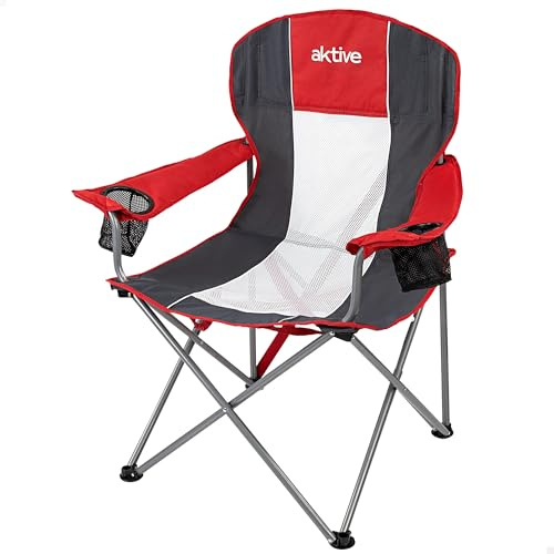 AKTIVE 52880 Silla plegable camping XL Medidas 60x58,5x98 cm Peso máximo 110kg Ligera y transpirable, fácil de limpiar Incluye reposabrazos y 2 posavasos Silla grande para exterior, 2021