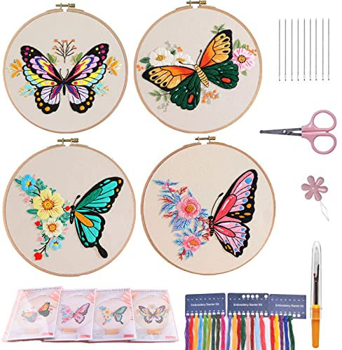 VINTAGE EMBROIDERY V.E. Stickset für Anfänger, 4 Sets Schmetterlingsstickerei Starter Kits mit Mustern und Anleitungen Kreuzstich-Kits, Stickerei Kleidung mit Muster, Bambus-Reifen, Fäden und Nadeln