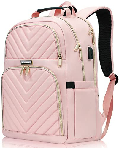 Kuosdaz Rucksack Damen, 15.6 Zoll Schulrucksack Mädchen Teenager mit USB Ladeanschluss, Laptop Rucksack Stylischer Daypack Wasserdichte für Schule, Uni, Reisen, Arbeit, Rosa
