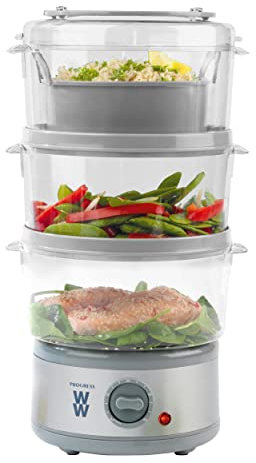 Progress by WW EK5254WW - Vaporizador de 3 niveles, 7,5 L, cuenco de arroz, temporizador de 60 minutos, carne al vapor, pescado, verduras, 3 cestas de vapor, niveles plegables, cocina familiar, 500 W