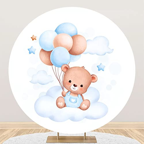 YongFoto 180cm Diamètre Fond Rond pour la Photographie Bleu Ourson Ballon Fond pour Le décor de fête Enfants Bébé Studio Séance Photo Portrait Accessoires Ronds