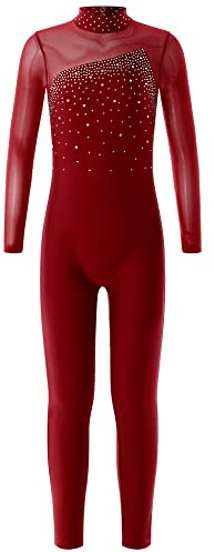 iEFiEL Tuta da Pattinaggio Artistica per Bambina Tuta Intera da Ginnastica Ragazza Ballerina Leotards Balletto Strass Jumpsuit da Ballo Dancewear Spettacolo Borgogna 15-16 Anni