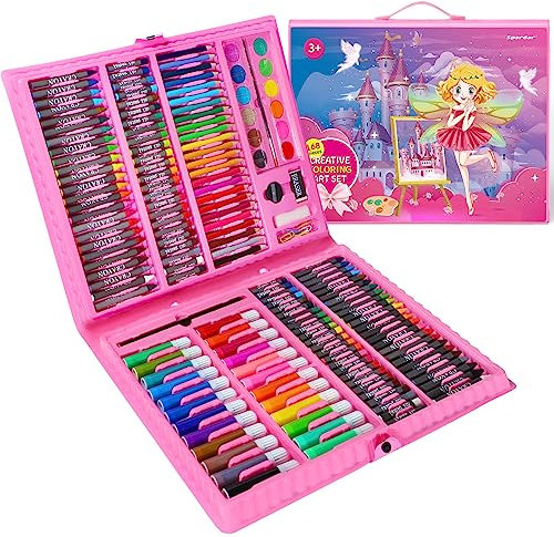 Spardar Pinturas para Niños, 168 Piezas Pinturas Niños Kit de Dibujo con Pasteles al óleo, Crayones, Marcadores, Pastel de Aacuarela, etc., Regalo para Niños Principiantes Artistas, SBD168