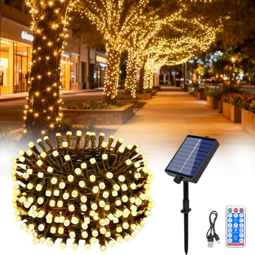 Hopelit Solar Lichterkette Aussen 10M 100 LED Warmweiß mit Fernbedienung und Timer, 8 Modi, Lichterkette Außen Solar für Gartendeko, Terrassen, Halloween, Weihnachtsbaum, Party, Etc