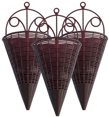 INOOMP Rustic Rattan Hanging Wall Planter: 3pcs Cone Shaped Flower Pots Vintage Woven Wicker Hanging Planter Flower Orchid Baskets for Balcony Fence Decor