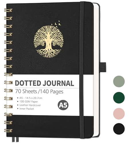 RETTACY A5 Spiral Notebook, Dotted Journal, 140 Pages, Black | Hardback Notepad for Women Men, 100 GSM Thick Bullet Paper, for Doodling Planning School Office - 14.5 × 20.7 cm