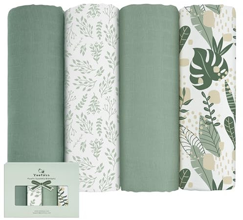 Yoofoss Paquete de 4 Mantas Envolventes de Muselina para Bebé Bambú Algodón 120x120 cm Arrullo Swaddle Mantitas Baño de Envolver para Recién Nacido Niña Niño