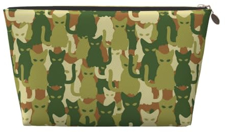 VOSERY Bolsa de maquillaje de cuero, bolsa de cosméticos, bolsa de aseo de viaje para mujer, organizador de bolsa de maquillaje de camuflaje de gato verde, bonita bolsa de maquillaje, bolsa de