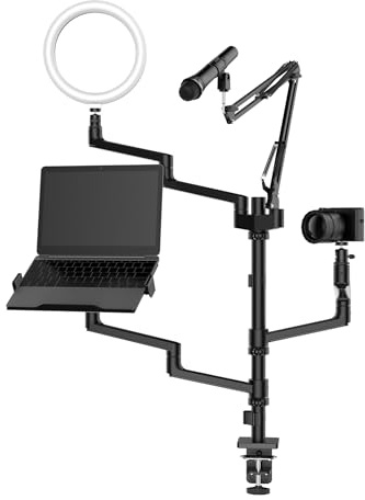 WilTec Trépied de Bras 4 en 1 pour Streaming – 99,6 x 15,2 x 143 cm – Support Bureau avec 1 Perche Micro + 3 Bras articulés pour caméra, lumière annulaire et Moniteur/Ordinateur – Statif Diffusion