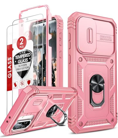 LeYi for Samsung Galaxy A36 5G Case with 2 Tempered Glass Screen Protector | Camera Cover Slider| Ring Stand Holder| 360° Full Body Tough Armour Phone Cover Hard Heavy Duty Protective for A 36, Pink