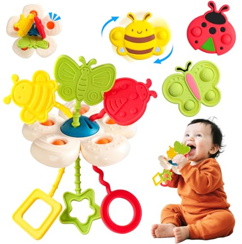 Fajiabao Juguetes Bañera Bebe,Juguete Bebes 6-12 Meses Montessori Juguete de Baño con Spinner Ventosa Juegos + Tirar Cuerda Sensorial Mordedor Regalo Bebe 1 2 Año
