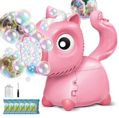 Tecnock Unicorn Bubble Machine For Kids with 6 Bubble Liquid Automatic Bubble Wand Blower with Light for Toddler Party Wedding Outdoor Garden Toys Boys Girls Birthday Gifts, Pink