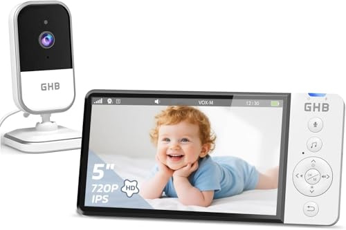 GHB Baby Monitor with Camera and Night Vision 5'' 720P HD Video Baby Monitor Camera IPS Screen, VOX Mode, 2-Way Audio, Temperature Alert, 8 Lullabies, No App or Wi-Fi Needed, Matt White
