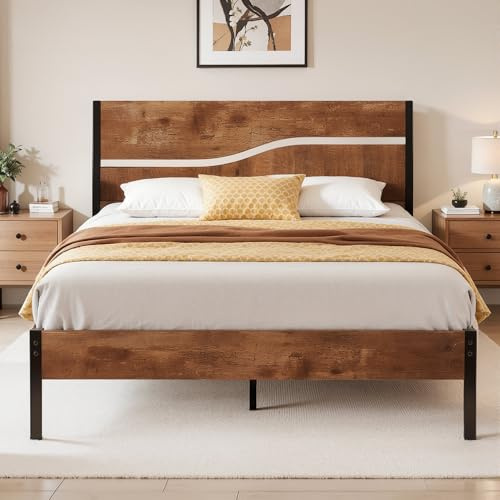 VECELO Estructura de Cama de 140 x 200 cm con somier, Cama de Metal con cabecero de Madera Gruesa, Cama de Invitados Moderna, Adultos y Adolescentes, Color marrón