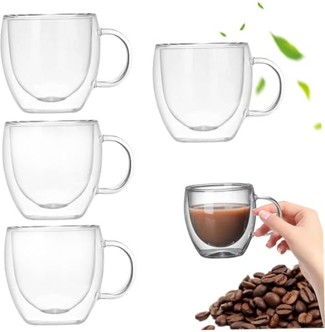 Comebachome Tazze da caffè in vetro a doppia parete da 4 pezzi Tazza da caffè da 5, 07 Oz Tazze da in vetro trasparente resistenti al calore con presa sicura Perfette per espresso, tè, latte e s