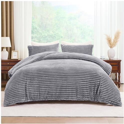 GC GAVENO CAVAILIA Ribbed Fleece Bedding Sets King Size 220x230 Cm | Super Soft Polyester King Size Duvet Cover Sets With Pillow Cases | Thermal Warm Cozy Fluffy Winter Quilt Cover Bed Set, Grey