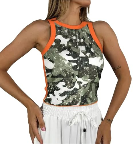 Camiseta de tirantes para mujer, talla grande, 2026, con lentejuelas, de moda, sin mangas, top de noche, brillante, cuello redondo, sin mangas, de color sólido, camuflaje, S