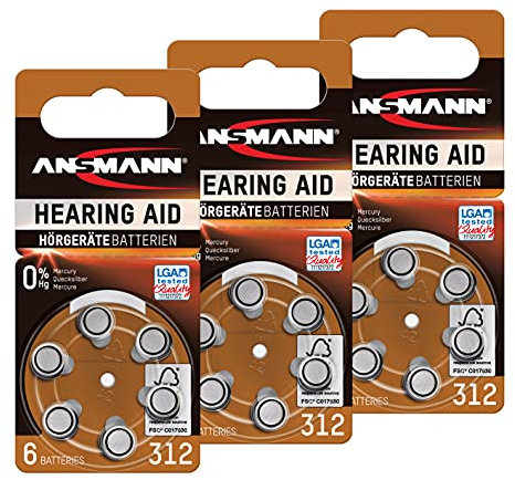 ANSMANN Hörgerätebatterien 312 braun 18 Stück - Zink Luft Hörgeräte Batterien Typ 312 P312 ZL3 PR41 mit 1,4V - Knopfzelle mit besonders langer Laufzeit für Hörgerät Hörverstärker & Hörhilfe
