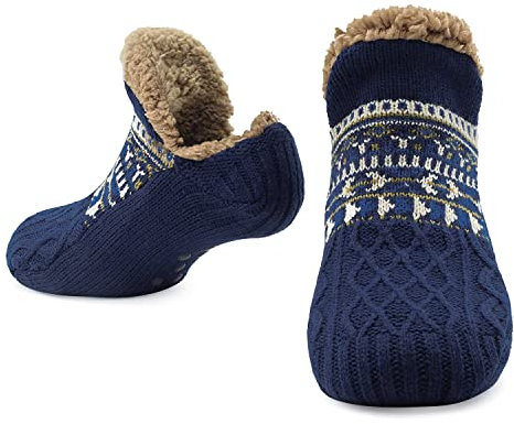 CityComfort Slipper Fluffy Socks for Women Men Heat Holding Sock Knitted Socks Wool Sherpa Fuzzy Bed Slippers One Size Non Slip (Navy)