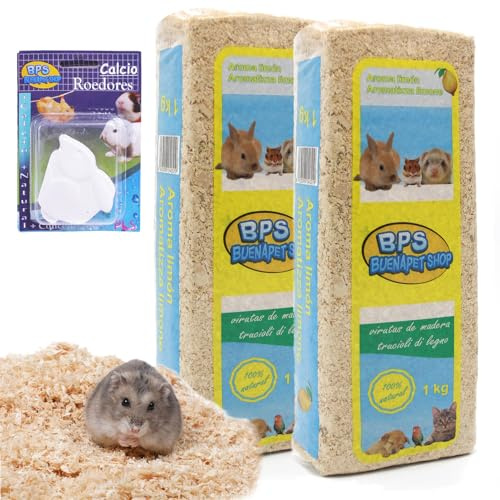 BPS Virutas de Madera Lecho Higienico para Mascotas (Regalo 1Kg Calcio Roedores) Serrín para Gato Animales Pequeños Hámster Conejo Loro Ardilla (2 Kg, Aromo Limón) BPS-4051 * 2