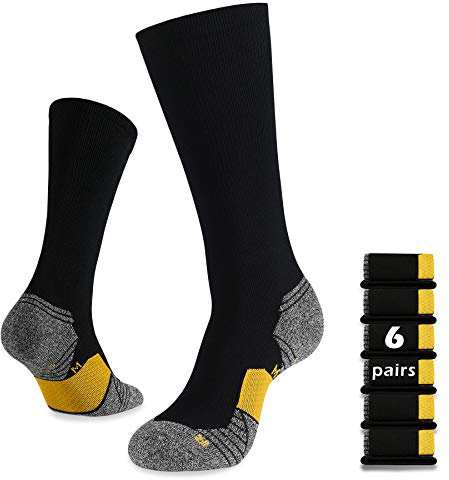 WANDER 6 Pairs Men's Athletic Run Cushion Over-the-Calf Tube Socks (6 pairs Yellow, L:Shoe Size:9-12)