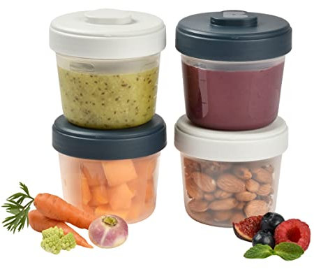 BÉABA, Lot de 4 Portions Conservation Clip, Pots empilables et emboitables, 100% hermétique, Graduation, Zone marquage, Congélation, Conservation Lait Maternel (4x150ml) Gris/Bleu