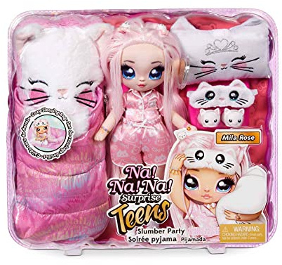 Na Na Na Surprise Teens Slumber Party moda MILA ROSE-Giocattolo per Bambini-Da collezione-Bambola in tessuto da 27 cm, ispirata a un gattino persiano-Capelli rosa, Colore, 577423C3
